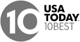 The image shows the "USA Today 10Best" logo with a gray circular design featuring the number 10, and text to the right.